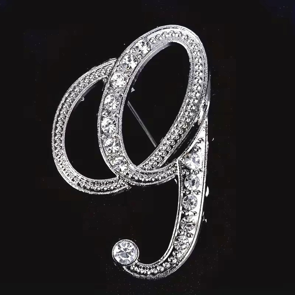 Silver Crystal Script Letter G Brooch Pin 2" Initial Monogram Gift New‎ Boutique